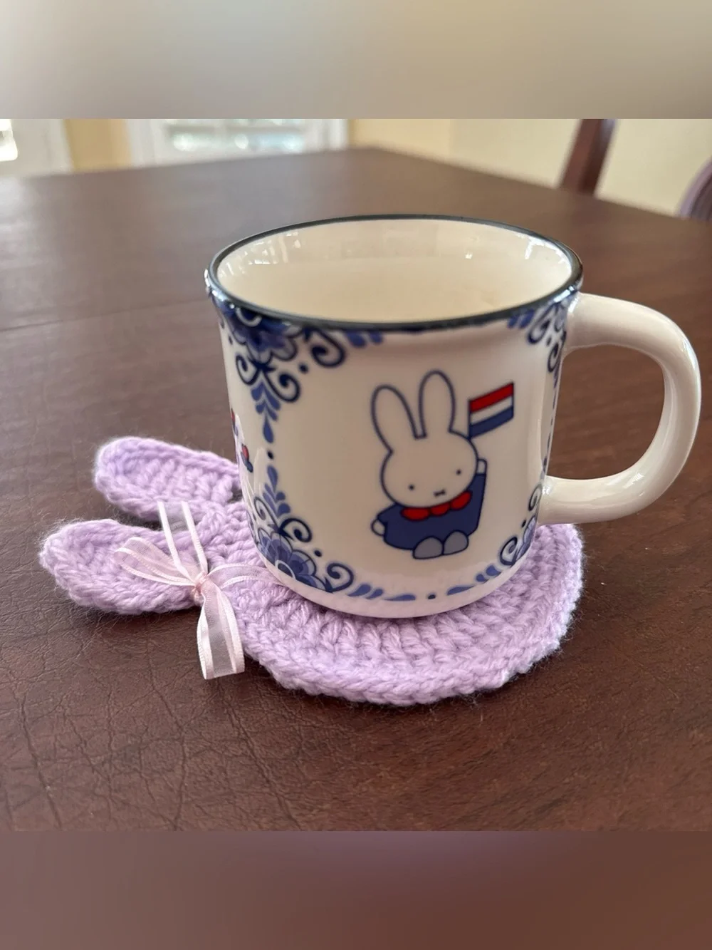 Brand New Handmade Crochet Purple Miffy Coaster With Bow